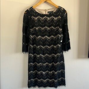 Black and Tan Sheath Dress with 3/4 Sleeves and Crew Neck